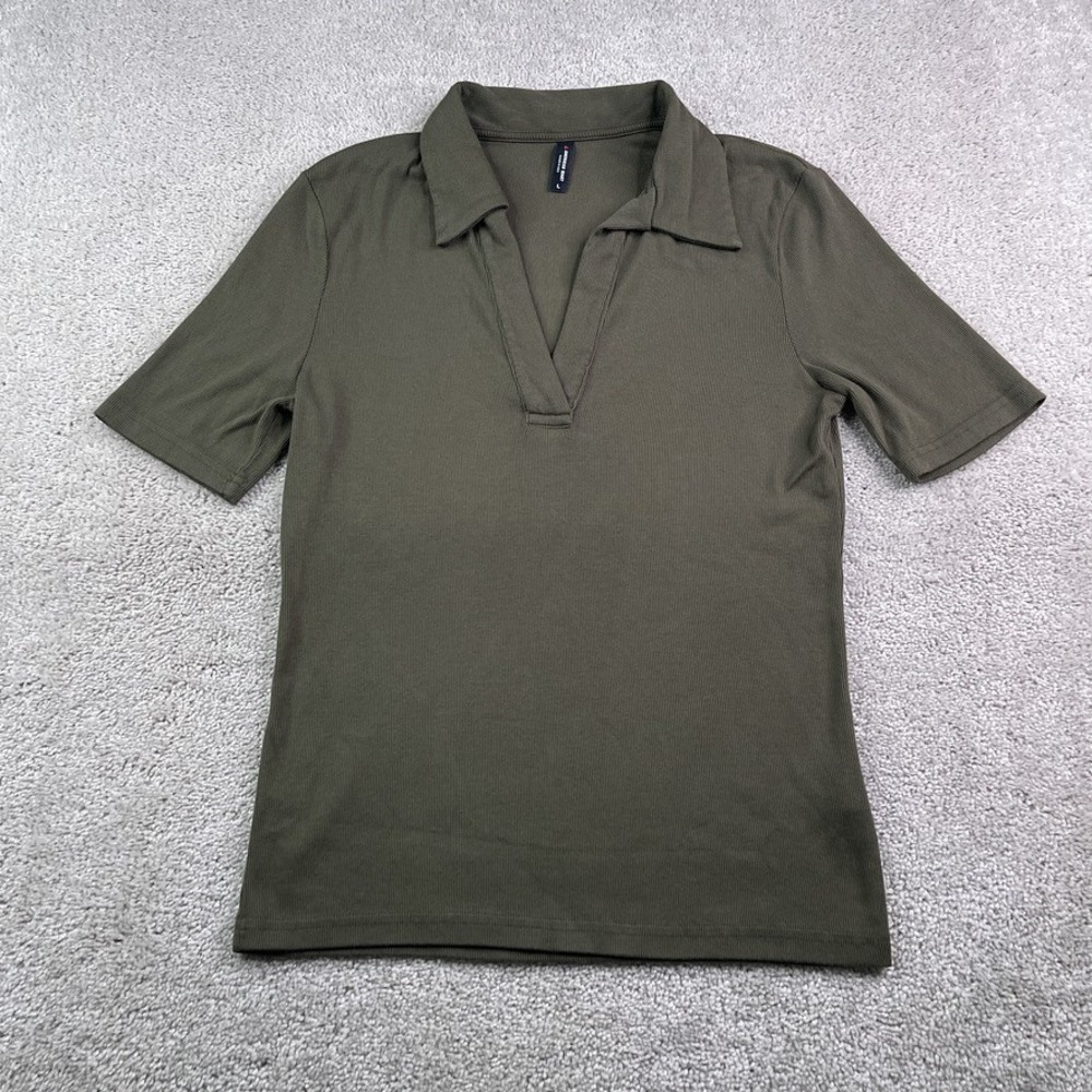 American Giant Shirt Women Large Olive Green Luxe Rib Popover V Neck Polo